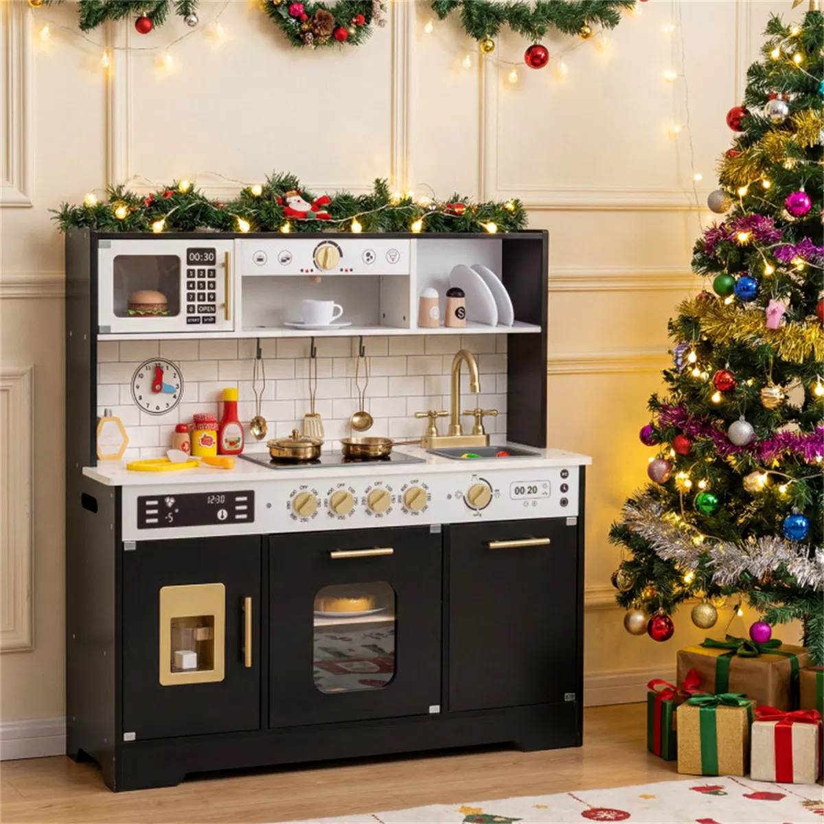 Kids Wooden Play Kitchen with Realistic Lights & Sounds, Pretend Ice Maker & Storage for Toddlers Age 3+ - Black