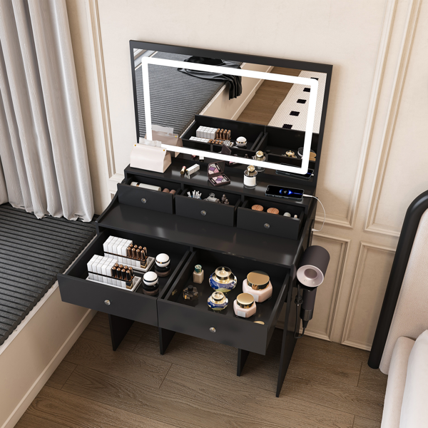 New Large Mirror Vanity Desk for Bed room , Modern Makeup Vanity Set with Power Outlet and Hair dryer holder, 5 Drawers , 3 Lighting Color Adjustable Dressing Table for Bedroom, Black Color-23