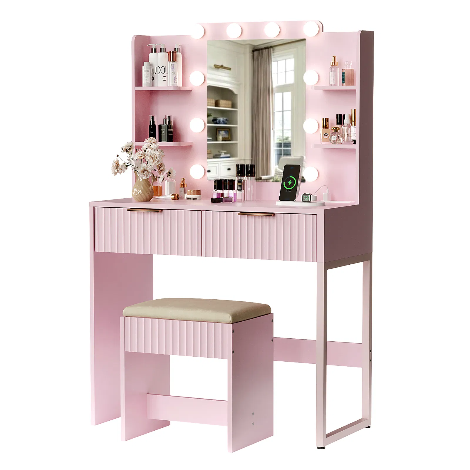 Pink particleboard with a melamine finish, a 2-drawer, 4-shelf dressing table set with 10 three-tone light bulbs, a power strip, and a grille. image 2