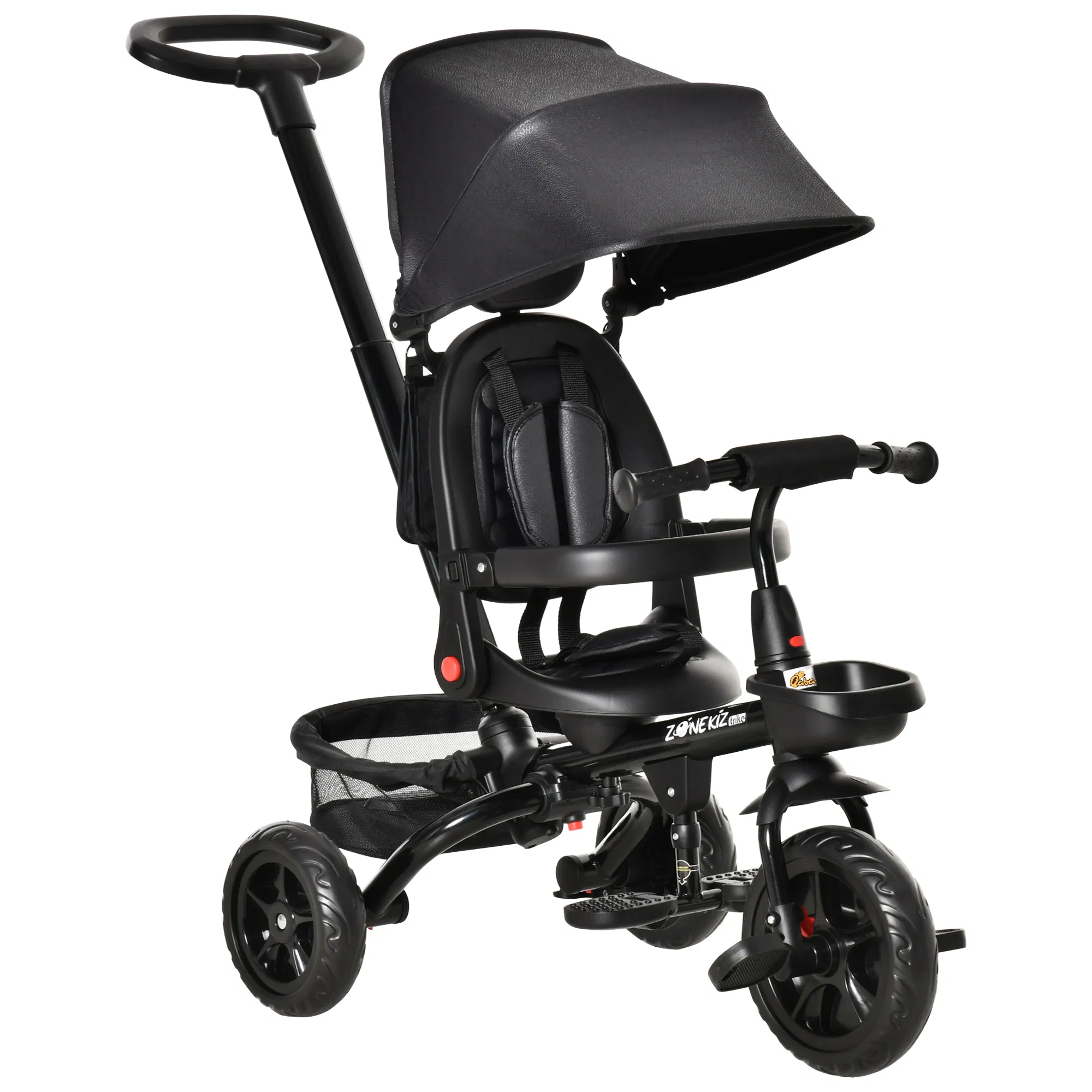 Tricycle for Toddler 4 in 1 Kids Trike with Reversible Adjustable Seat, Baby Push Bike with Removable Handle, Canopy, Belt Storage Brake Clutch for 1-5 Years, Black