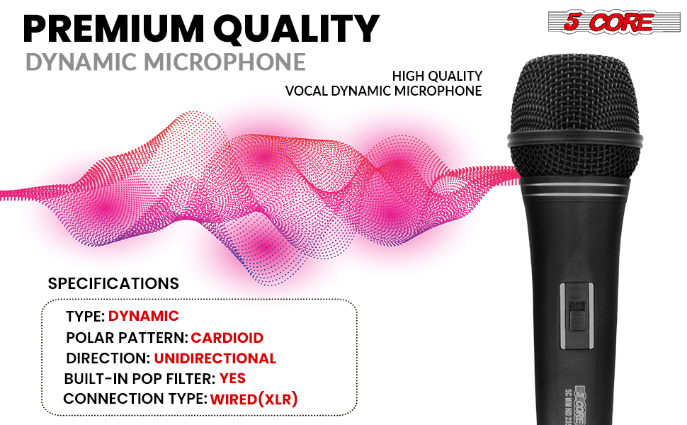 5 CORE Professional Dynamic Vocal Microphone Neodymium Cardioid Unidirectional Handheld Mic for Singing Karaoke Steel Mesh Grille Metal Body With ON Off Switch + 16ft Detachable Cable + Clip + Bag image 18