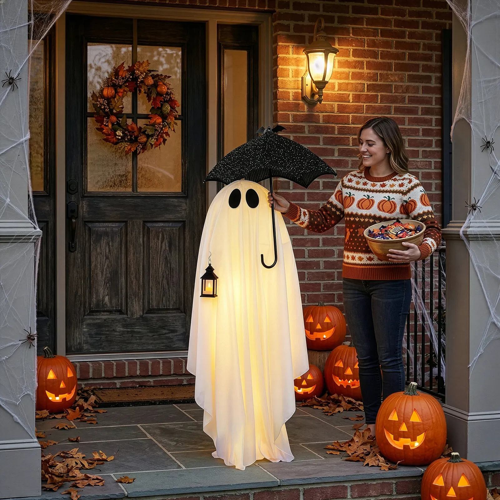 5ft Black & White Umbrella Ghost Halloween Decoration with 100 Warm White LED Wire Lights, 30V 3.6W… image 14