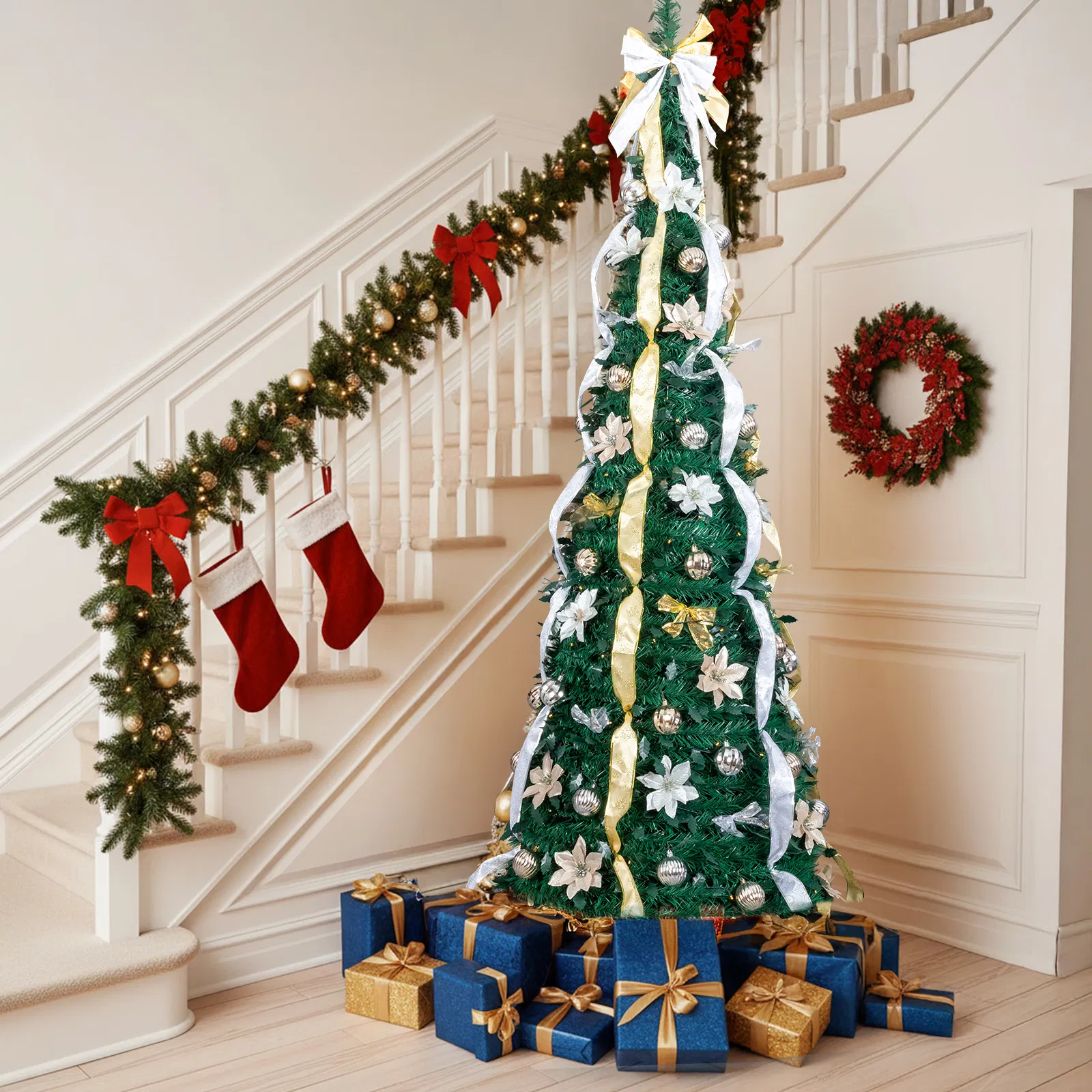 7 FT Fully Decorated Pre-lit Christmas Tree, Pop Up Artificial Xmas Tree with 200 Warm Lights Remote… image 10