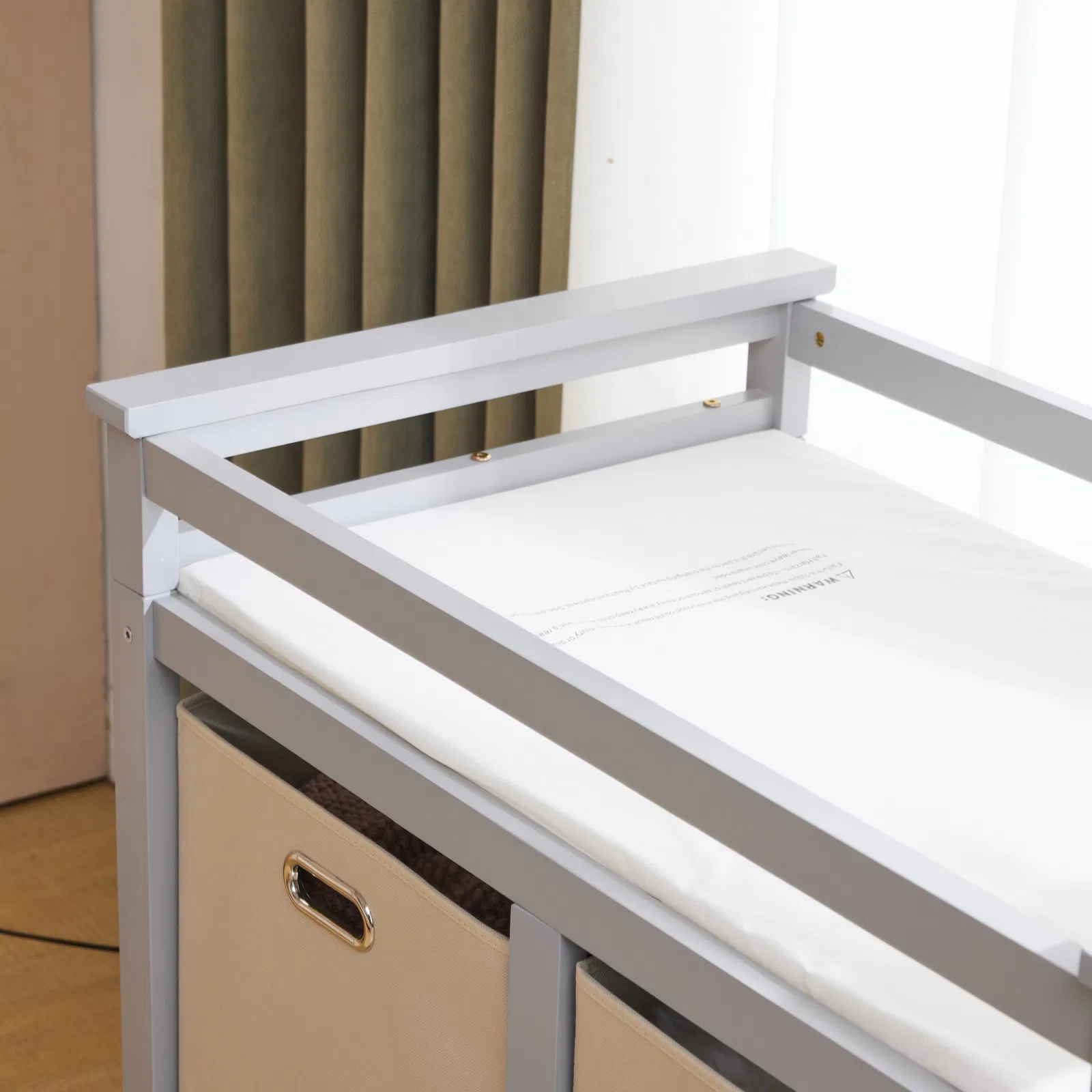 Gray painted pine wood frame children's bed with removable top, 87*53*87.5cm, includes 3 fabric drawers… image 13