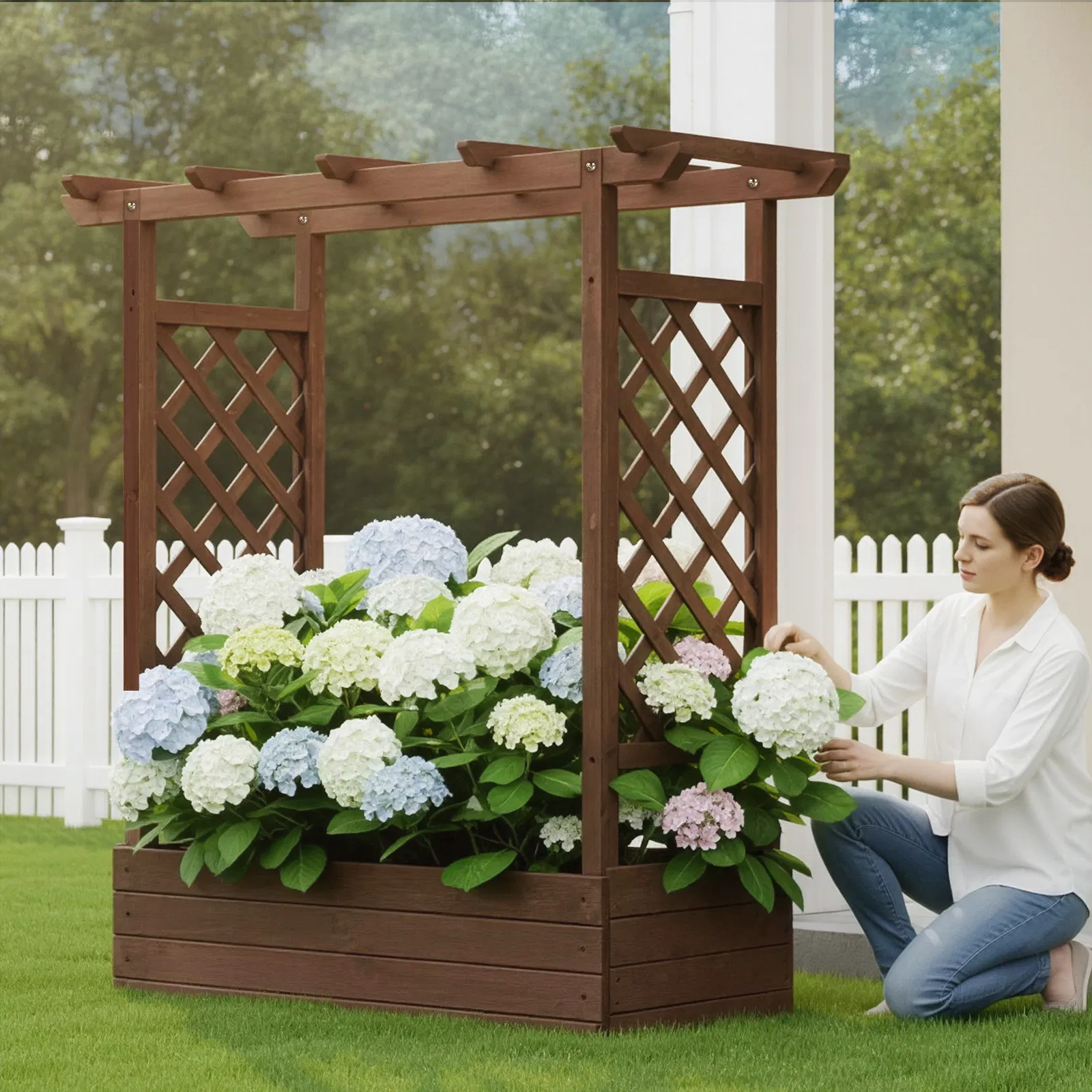 43.5*17.5*44.5 In Fir With Arched Lattice Raised Garden Bed Wooden Planting Frame Carbonized image 4