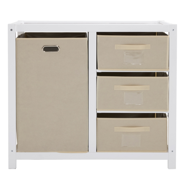 White painted pine wood frame, removable top, 87*53*87.5cm children's wooden bed with 3 fabric drawers + 1 fabric bag, and a changing table-35