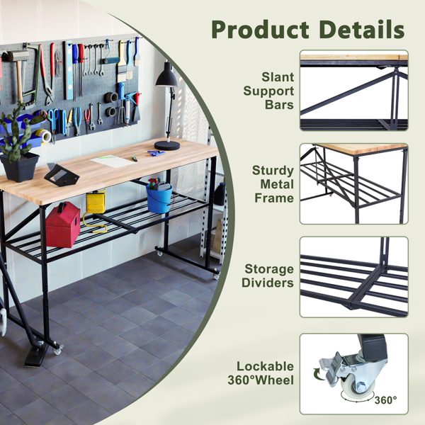 Foldable Hardwood Workbench Adjustable Wood-Top Utility Table with Locking Casters-13
