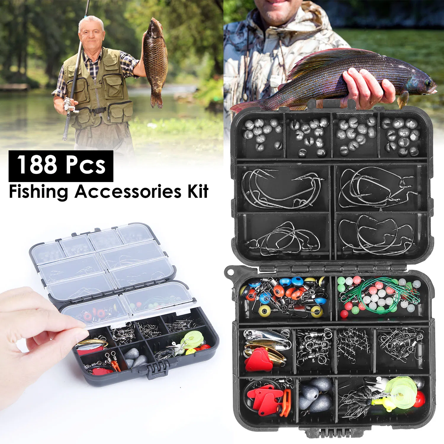 188PCS Fishing Accessory Kit - Includes Hooks, Sinker Weights, Lures, Swivels & More, Premium Corrosion-Resistant Material with Tackle Box for Easy Storage & Carry, Ideal Gift for Fishermen