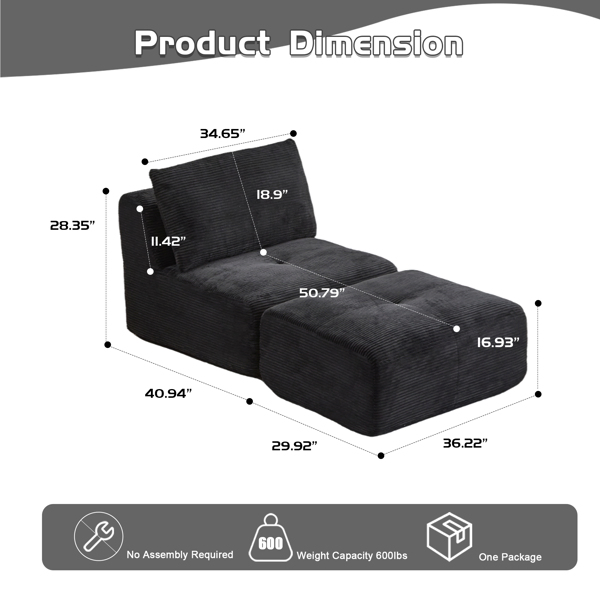 Modern Memory Foam Compressed Sofa,Single Chaise Longue for Living Room,Pet-Friendly Cloud Modular Sectional Sofa,Corduroy Fabric,Movable Ottoman,No Assembly required,Black-9