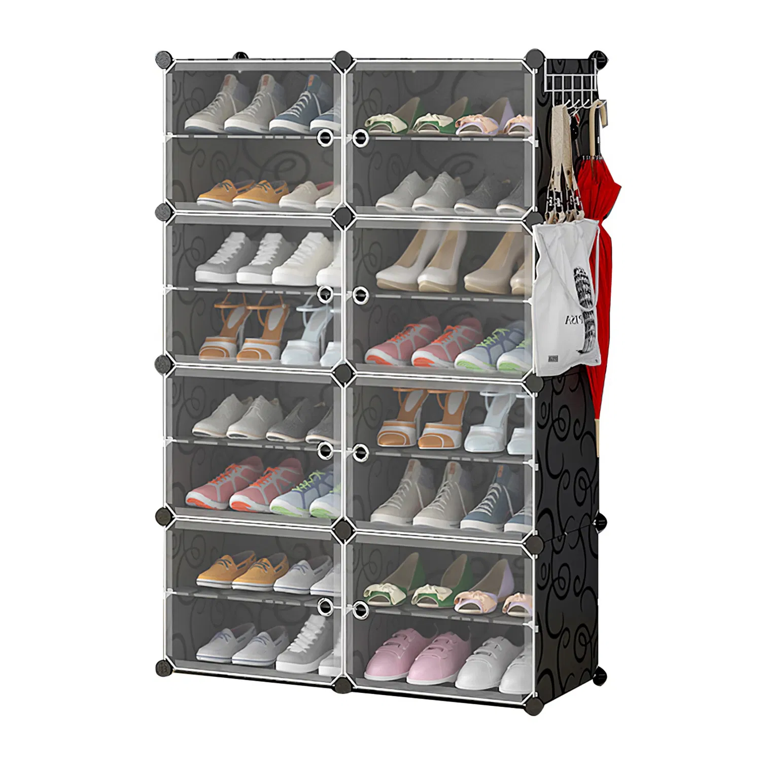 8-Tier 2-Row Shoe Rack Organizer Stackable Free Standing Shoe Storage Shelf Plastic Shoe Cabinet Tower with Transparent Doors for Heels Boots Slippers Entryway Hallway Bedroom