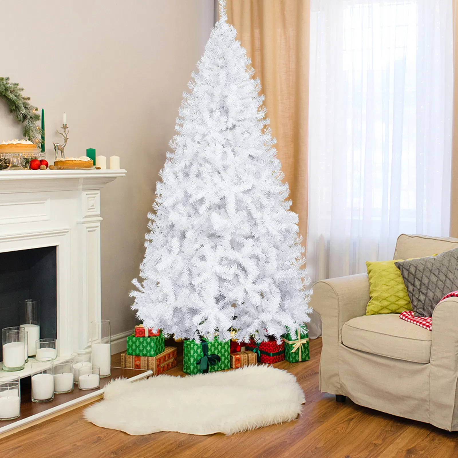 5 FT Artificial Christmas Tree, Unlit Hinged Christmas Pine Tree with 480 Branch Tips and Sturdy Metal Stand, White image 2