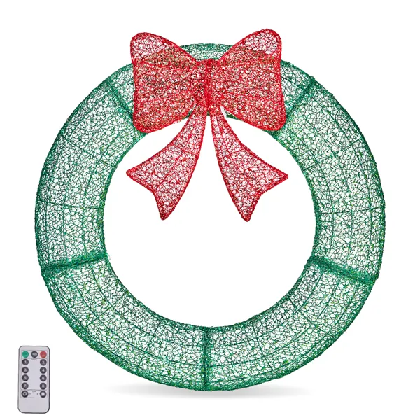 36in Pre-lit Outdoor Christmas Wreath Decoration, Lighted Metal Wreath with Red Bow, Remote Control LED…