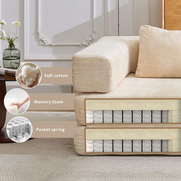 Compression Sofa,Convertible Floor Sofa Bed with Fixed-Shape Frame, Loveseats Boneless Modular Sectional Sofa,No Assembly Required,Chenille fabric,for Living Room Bedroom,Beige-18