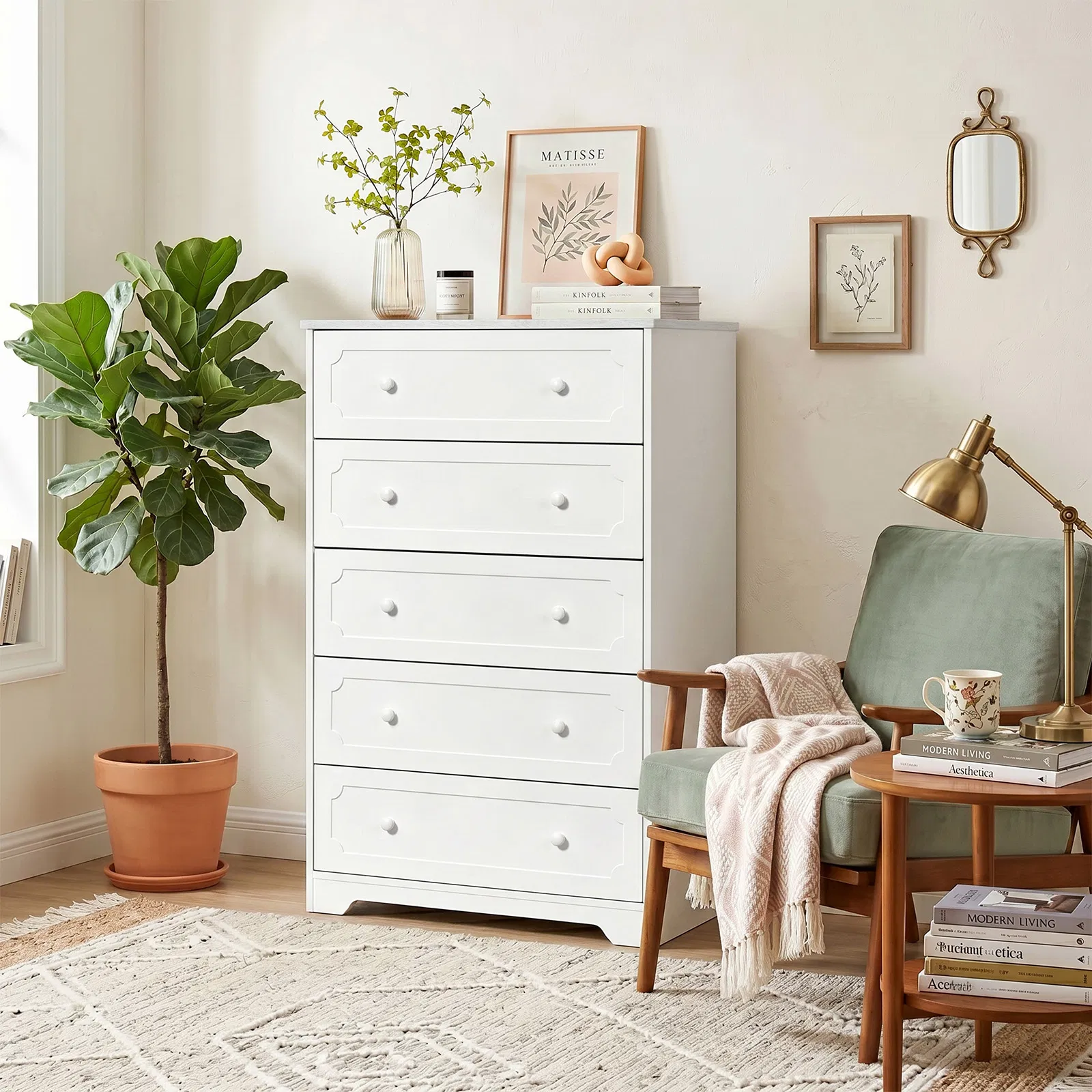 5-Drawer Cabinet with Solid Wood Veneer and Paint P2 MDF + P2 Particleboard Storage Cabinet… image 12