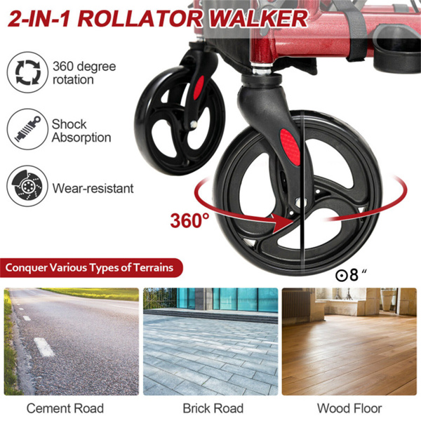 2-in-1 Rolling Walker & Wheelchair : 6-Position Height Adjustment (34