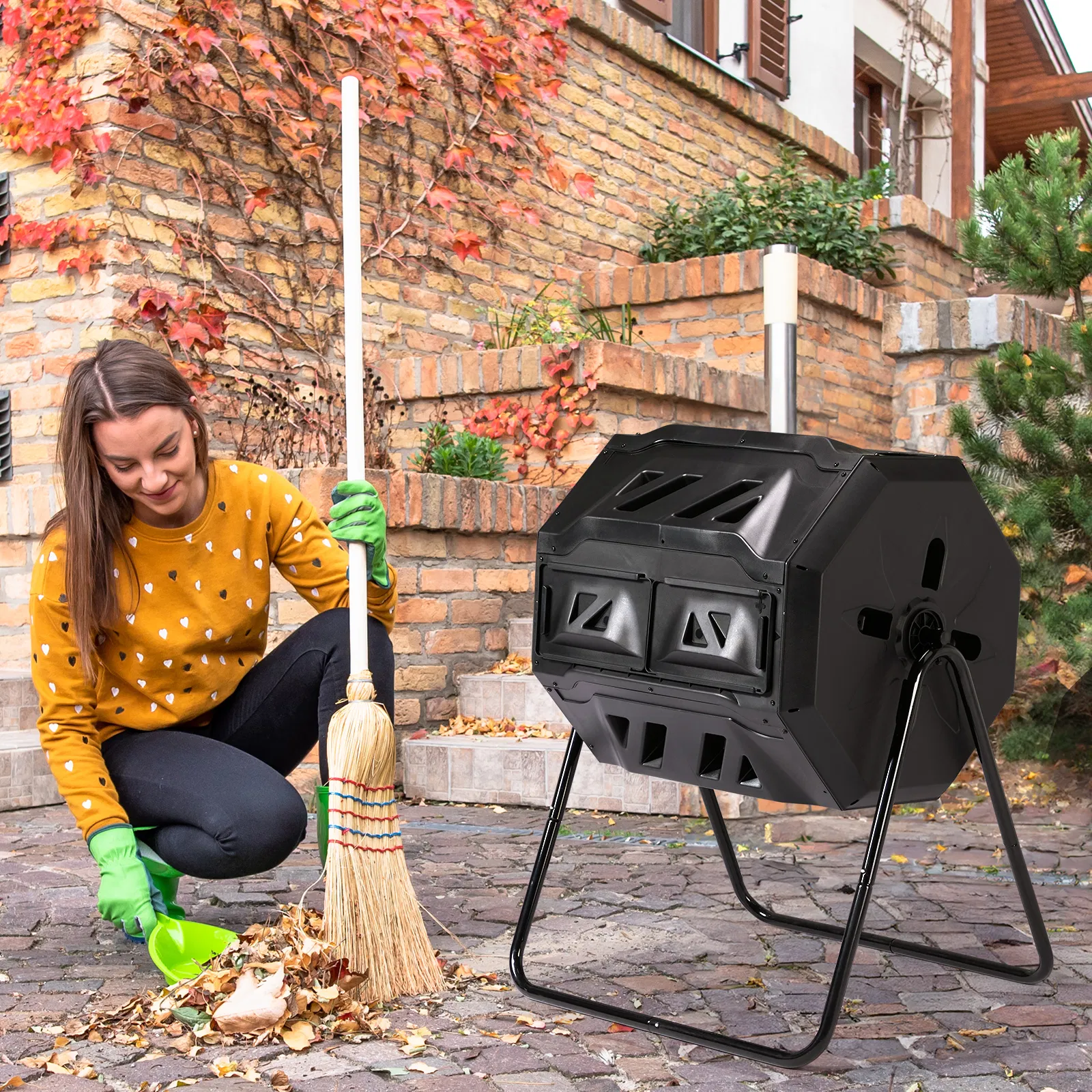 Outdoor Compost Tumbler Dual Chamber, Outdoor Tumbling Composter Dual Rotating Batch Compost Bin, 42… image 12