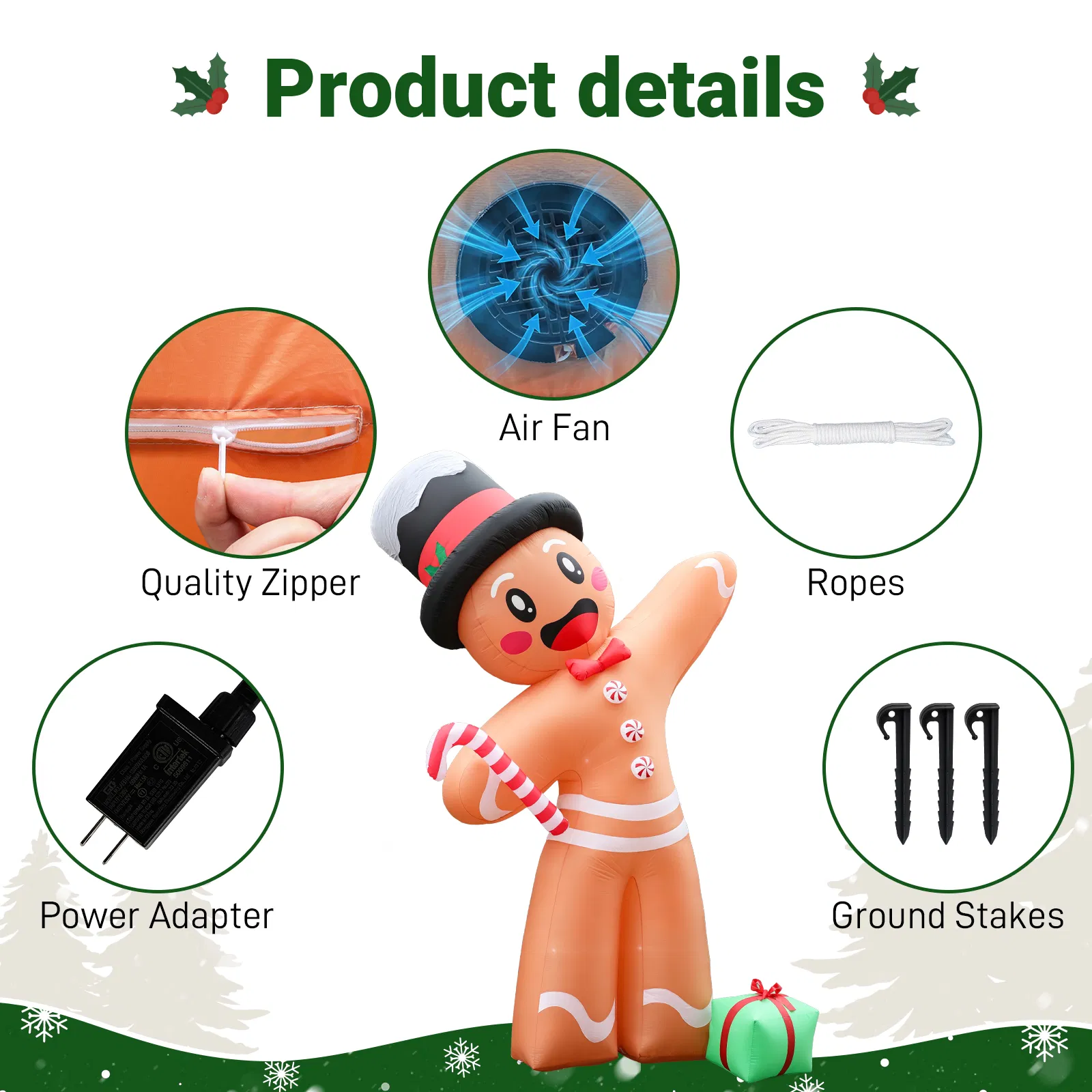 10.6FT Gingerbread Man with Gift Box Inflatable, 8 LED Lights, 190D Polyester Christmas Decor, US Plug image 6