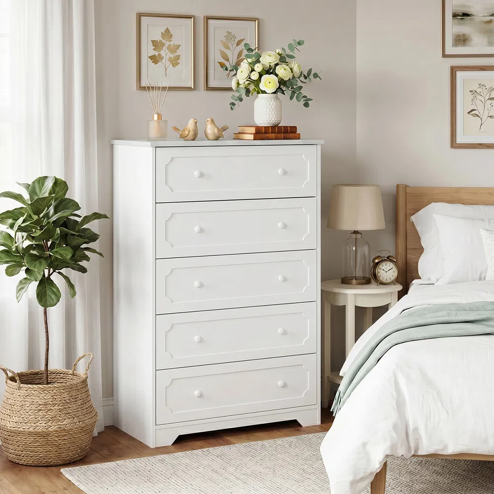 5-Drawer Cabinet with Solid Wood Veneer and Paint P2 MDF + P2 Particleboard Storage Cabinet…
