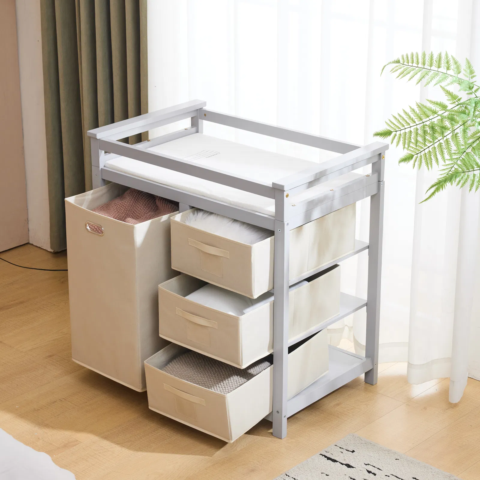 Gray painted pine wood frame children's bed with removable top, 87*53*87.5cm, includes 3 fabric drawers… image 19