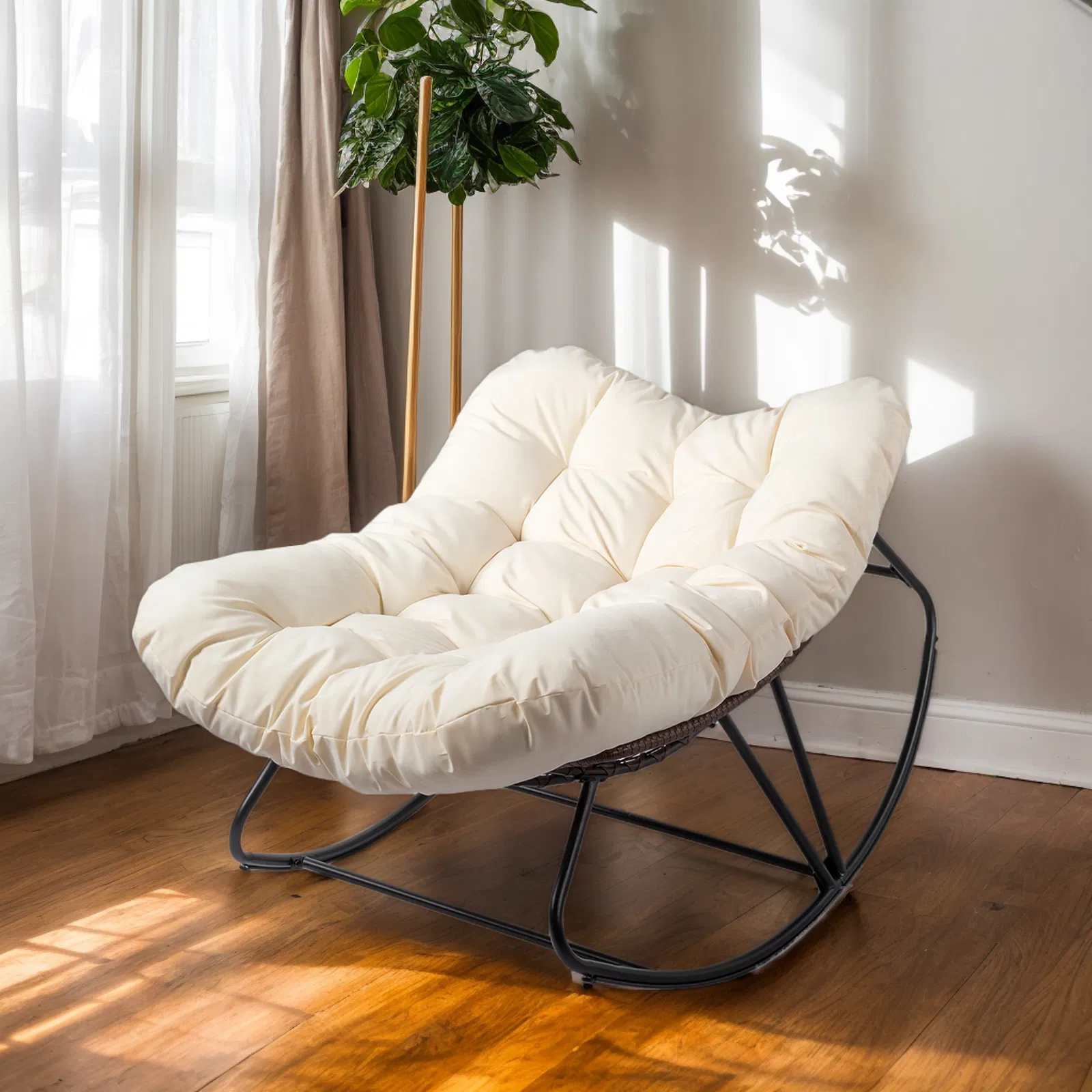 Oversized Rattan Papasan Chair, Outdoor Steel Wicker Rocking Seating with Thick Padded Cushion for Patio, Living Room, Backyard, Porch(Brown Wicker & Beige Cushion) image 12