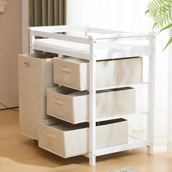 White painted pine wood frame, removable top, 87*53*87.5cm children's wooden bed with 3 fabric drawers + 1 fabric bag, and a changing table-57