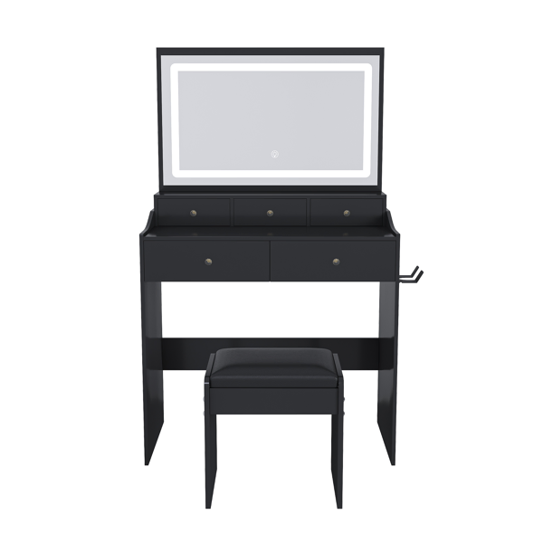 New Large Mirror Vanity Desk for Bed room , Modern Makeup Vanity Set with Power Outlet and Hair dryer holder, 5 Drawers , 3 Lighting Color Adjustable Dressing Table for Bedroom, Black Color-17