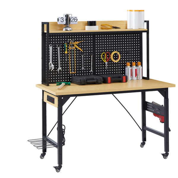 48''Adjustable Workbench with pegboard, Heavy Duty Wooden Desktop Workbench with Wheels, 1600 lb. Load Capacity, Rolling Workbench with AC/USB Outlet, Hooks, Shelf, for Garage, Workshop, Office, Home.-46