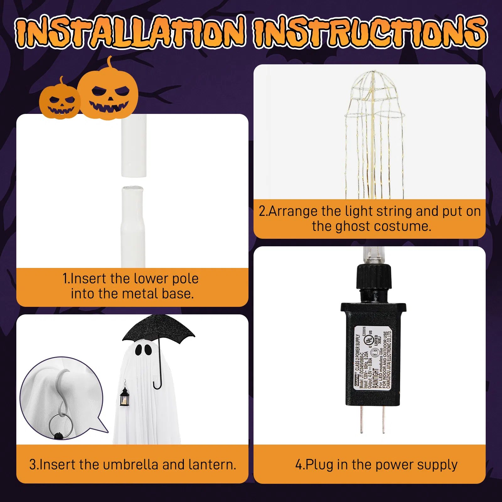 5ft Black & White Umbrella Ghost Halloween Decoration with 100 Warm White LED Wire Lights, 30V 3.6W… image 4
