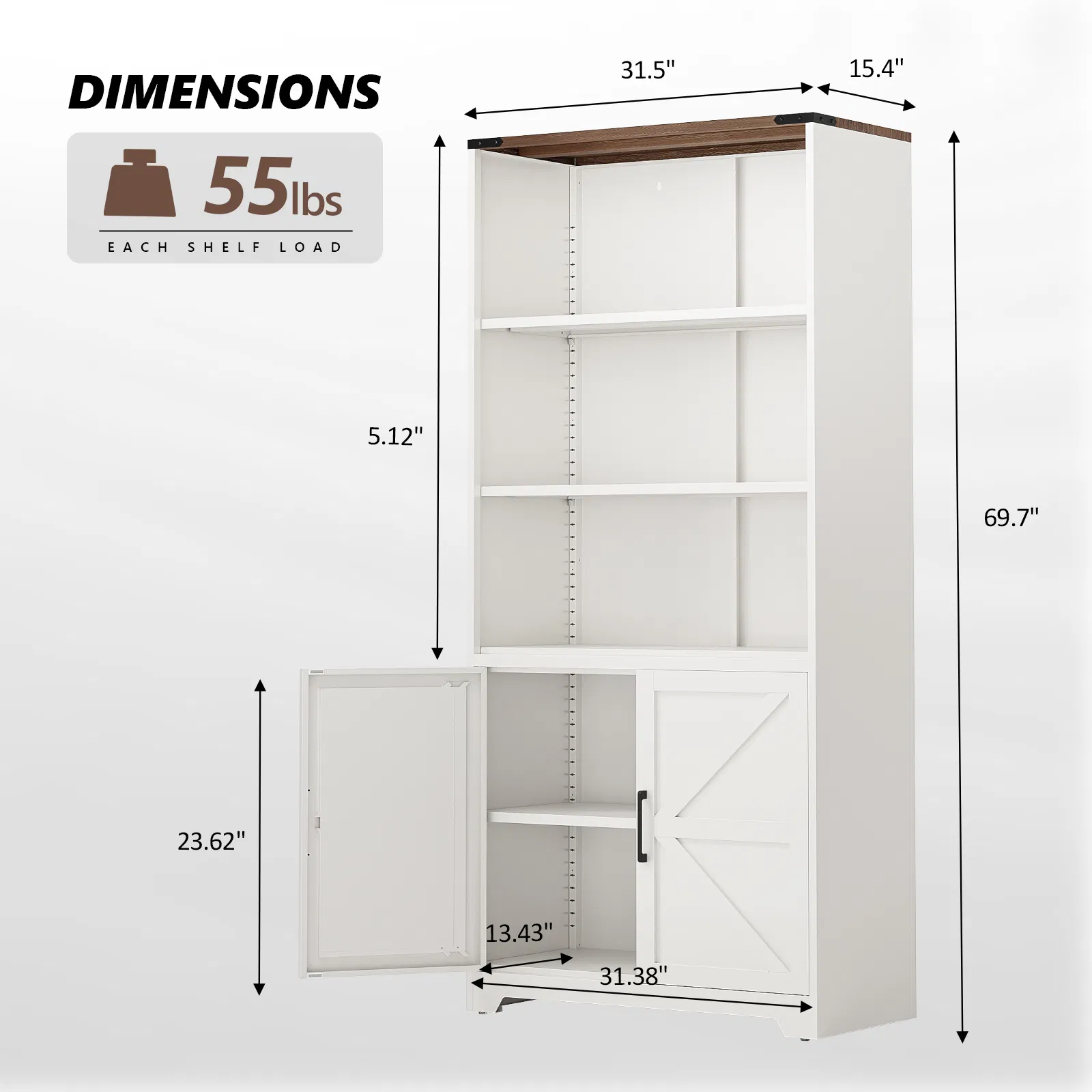 Barn door 3-tier steel display case, 69.7 31.5 15.4 inches, off-white with contrasting wood grain image 2