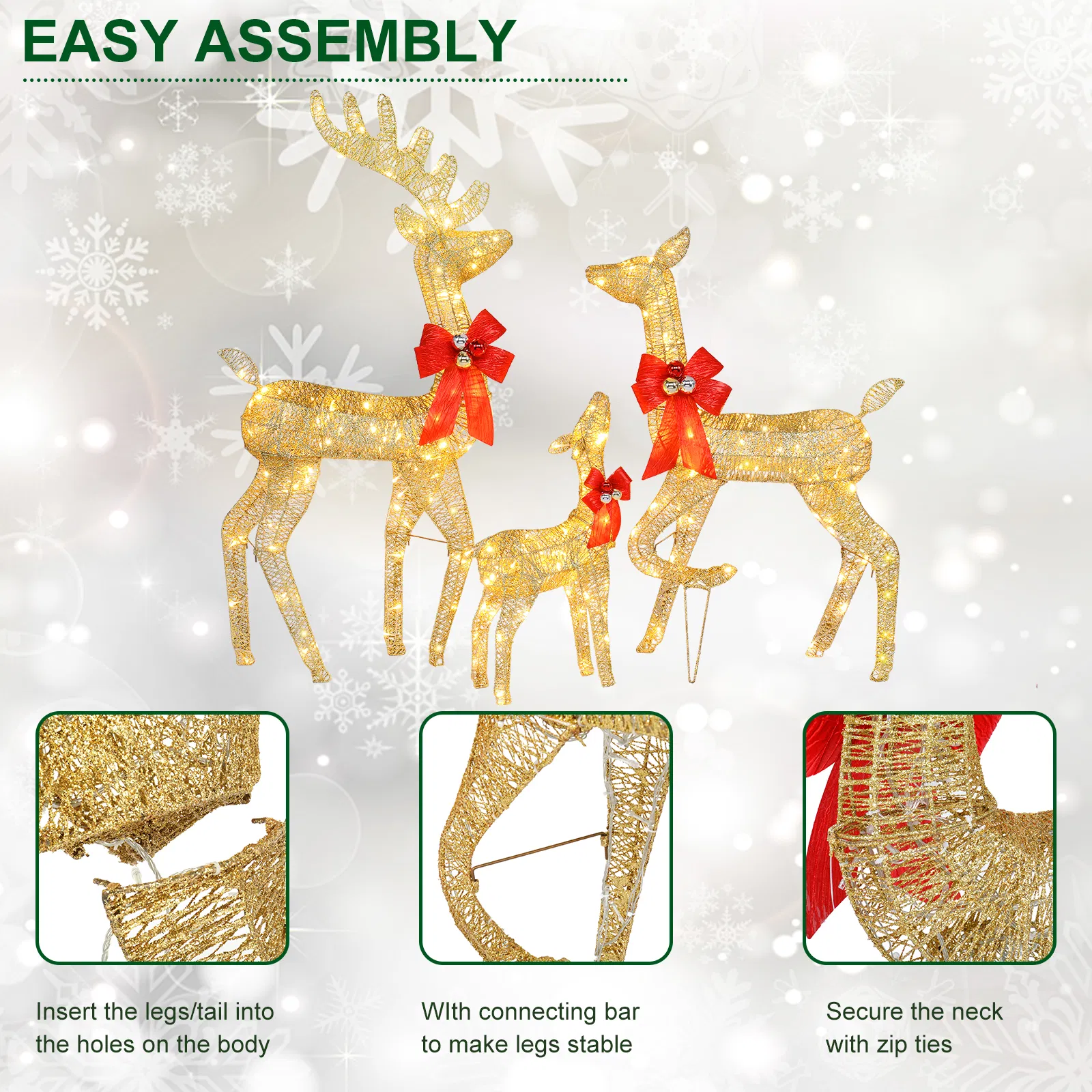 3pcs 54*20*122cm 30.00V 3.60W Family Elk Golden Iron Frame Cotton Thread Green Onion Powder Courtyard Elk Decoration image 18