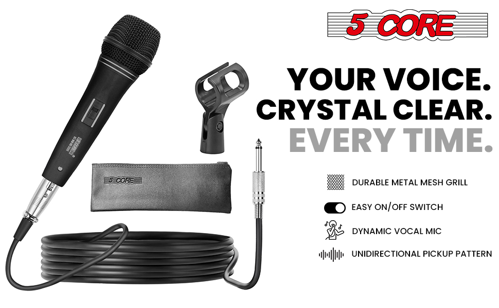 5 CORE Professional Dynamic Vocal Microphone Neodymium Cardioid Unidirectional Handheld Mic for Singing Karaoke Steel Mesh Grille Metal Body With ON Off Switch + 16ft Detachable Cable + Clip + Bag image 15
