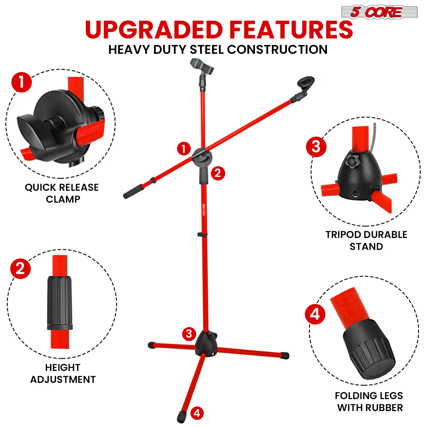 5 Core 2Pcs Mic Stand Floor Height Adjustable Tripod Microphone Stands w Extending Telescoping Boom Arm image 7