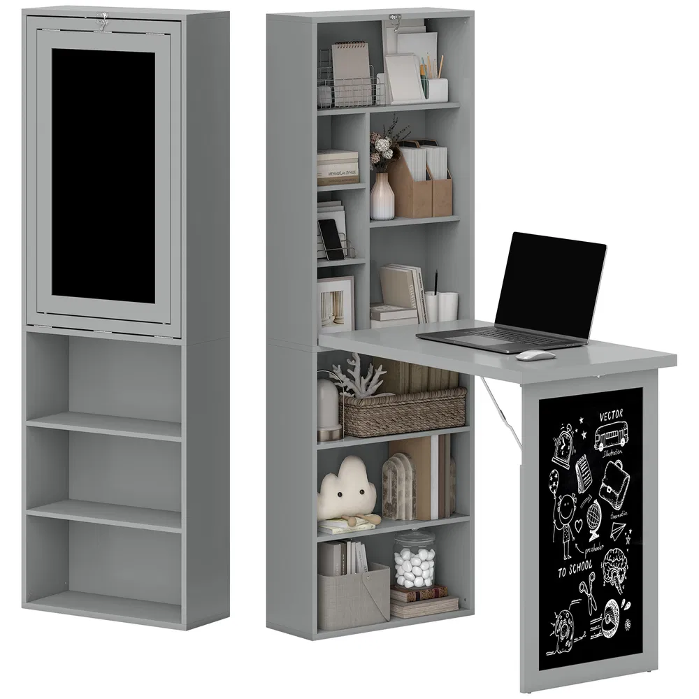 Fold-out Convertible Office Desk, Wall Mount Computer Desk with Blackboard and Side Shelf, Charcoal Grey