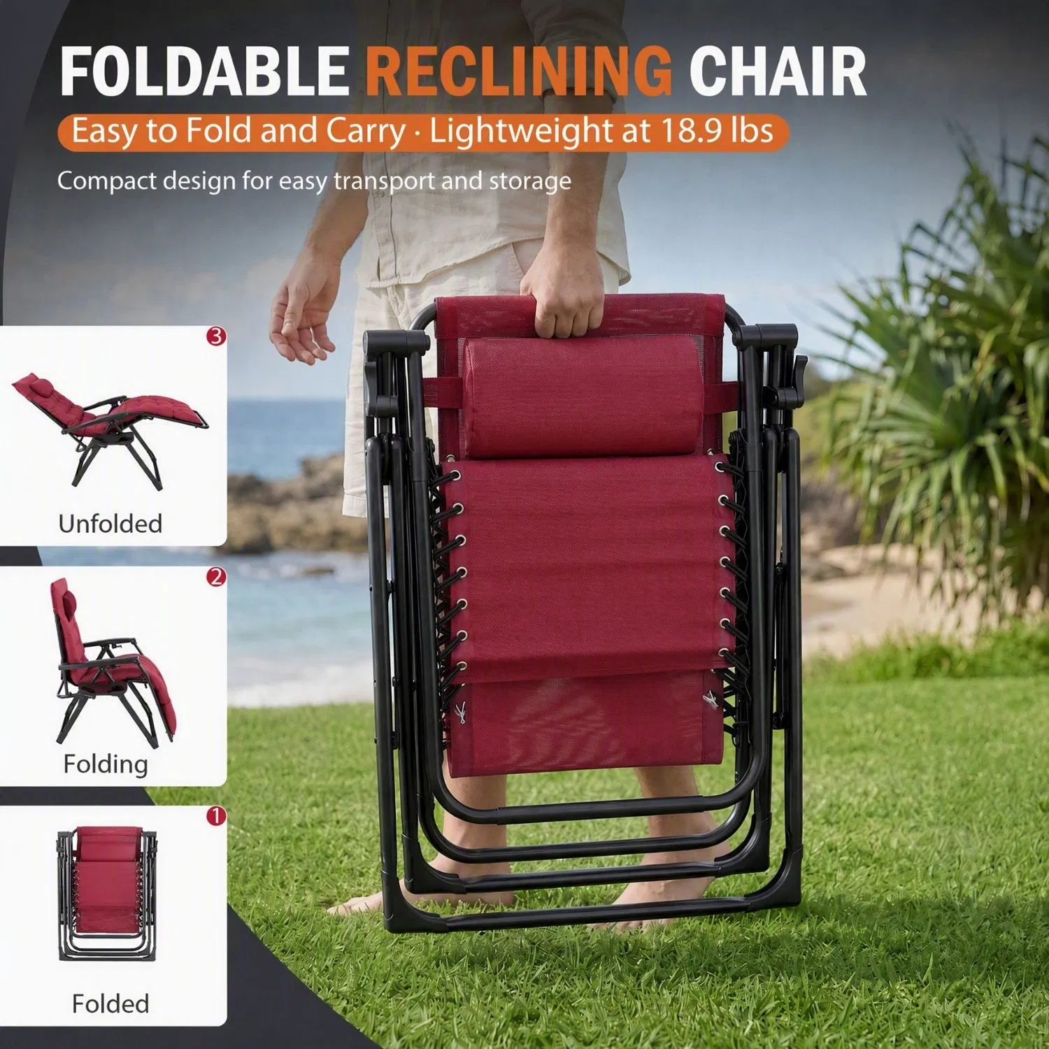 Zero Gravity Chair with Cushion, Folding Outdoor Lounge Chair with Cup Holder and Headrest for Patio, Strong Capacity image 2