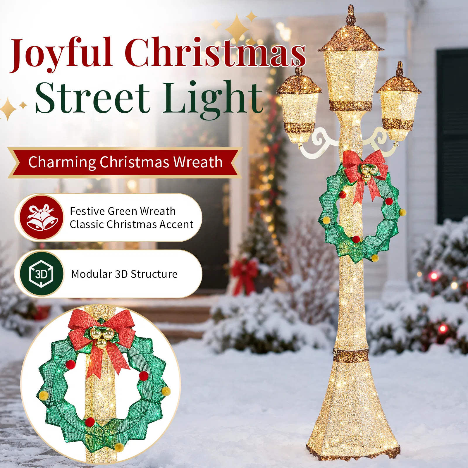 6FT Gold 3-Head Street Lamp with Wreath, 210 Warm White LEDs, Christmas Light Post, US Plug image 2