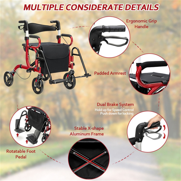 2-in-1 Rolling Walker & Wheelchair : 6-Position Height Adjustment (34