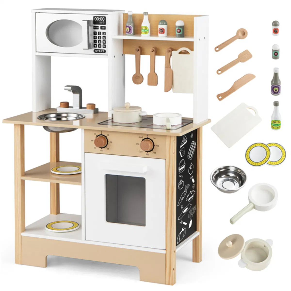 Kids Wooden Play Kitchen with 13 Accessories, Pretend Cooking Set with Chalkboard for 3+, White + Natural