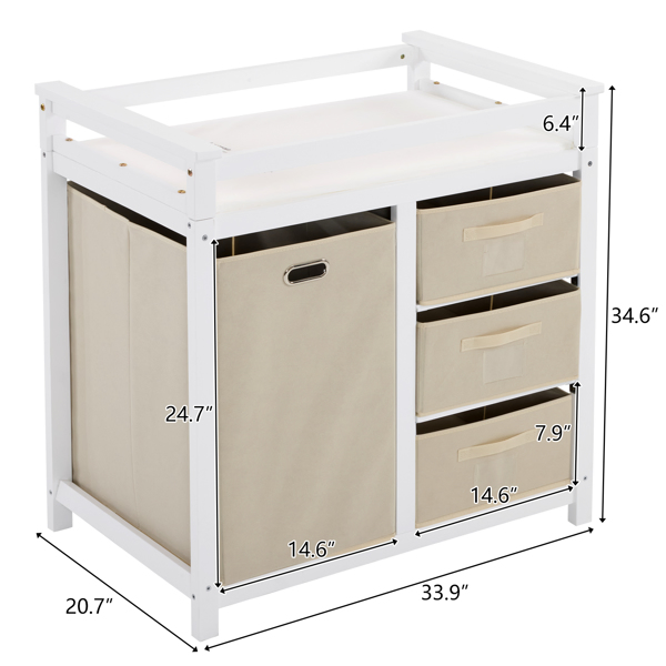 White painted pine wood frame, removable top, 87*53*87.5cm children's wooden bed with 3 fabric drawers + 1 fabric bag, and a changing table-39
