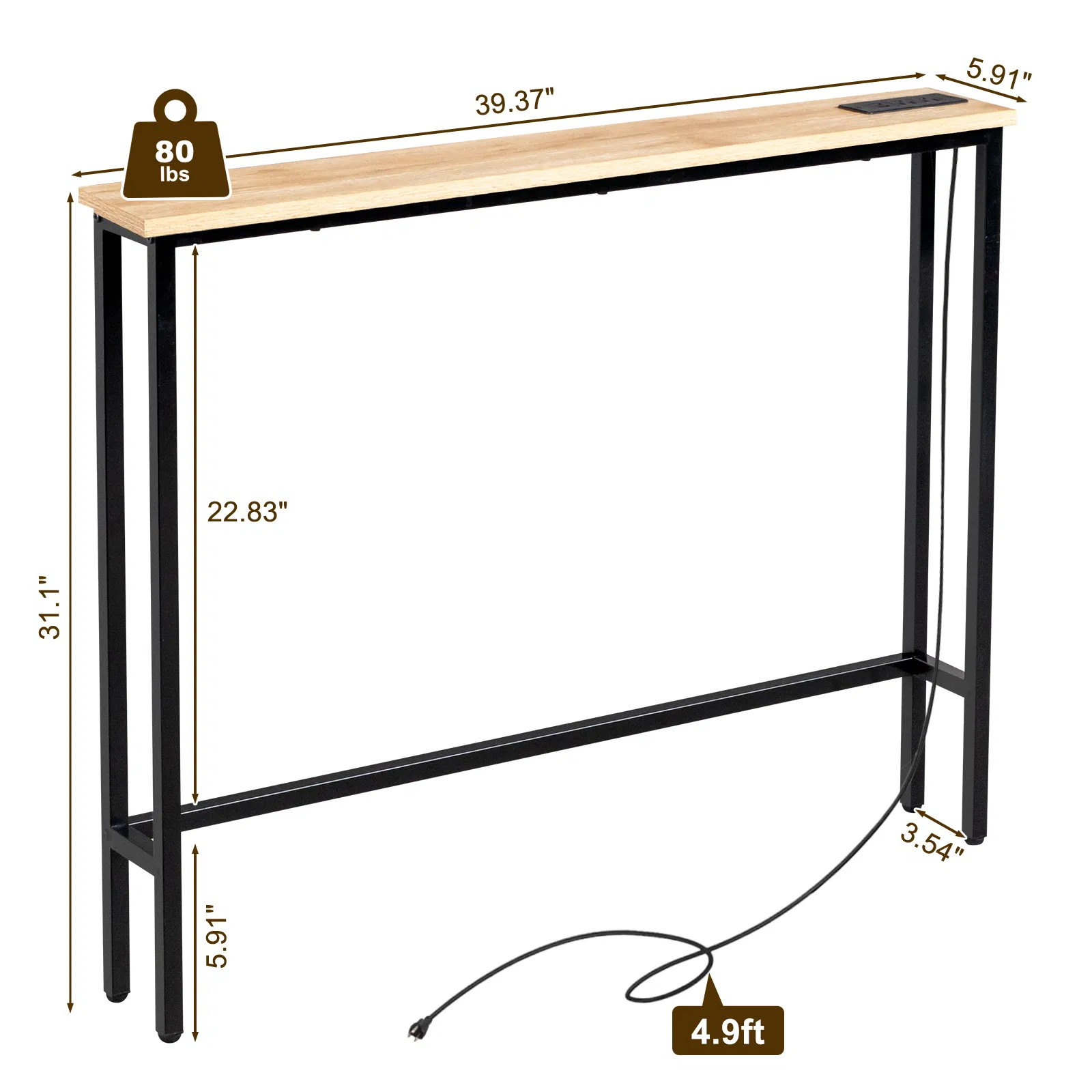 39.4" Narrow Console Sofa Table with Power Outlets and USB Ports, Skinny Couch Table with Metal Frame and… image 14
