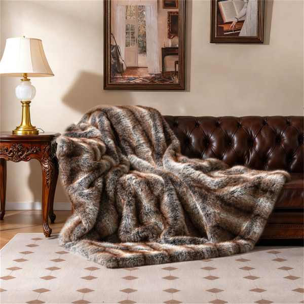 Brown Taupe 780GSM Faux Fox Fur Throw Blanket 60