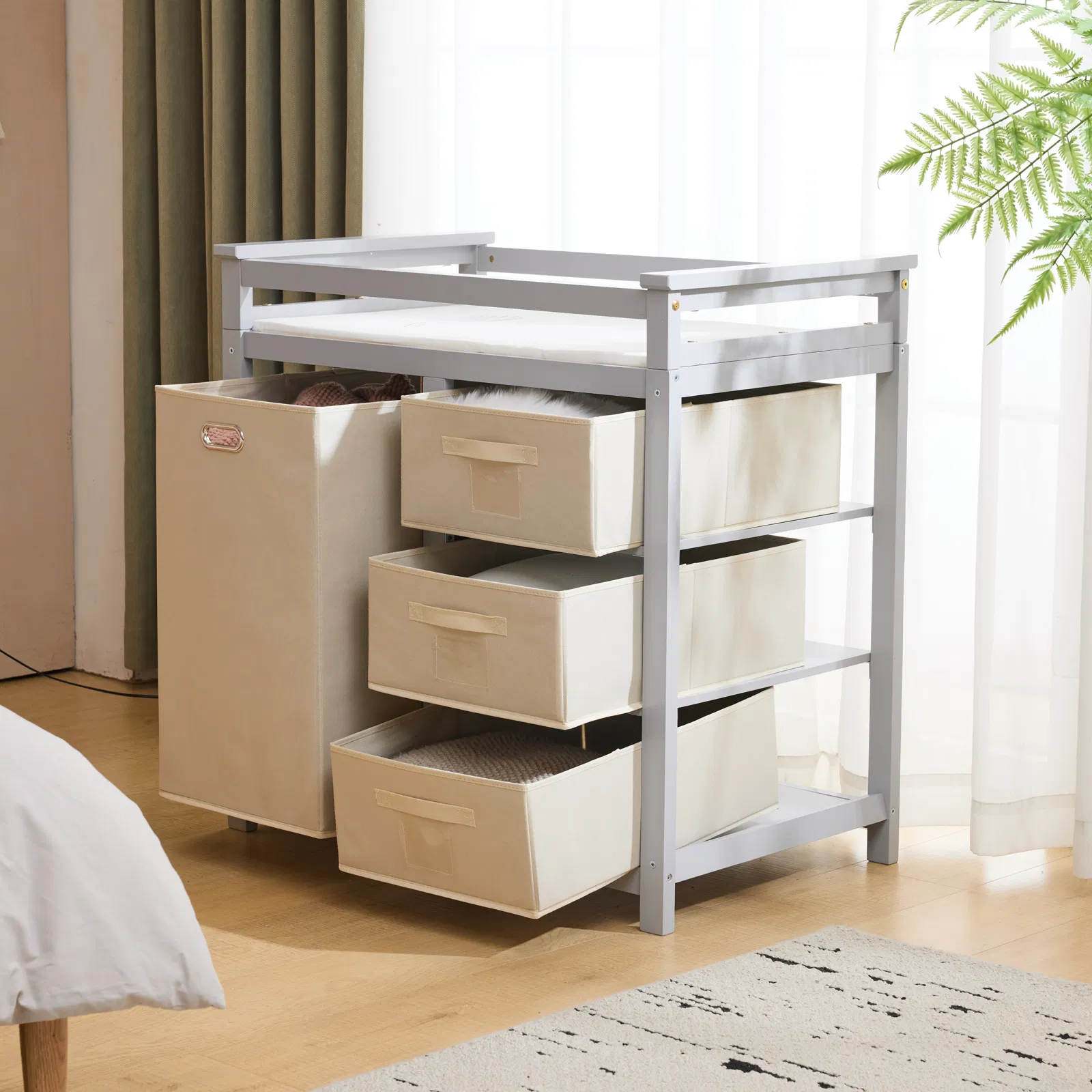 Gray painted pine wood frame children's bed with removable top, 87*53*87.5cm, includes 3 fabric drawers… image 18