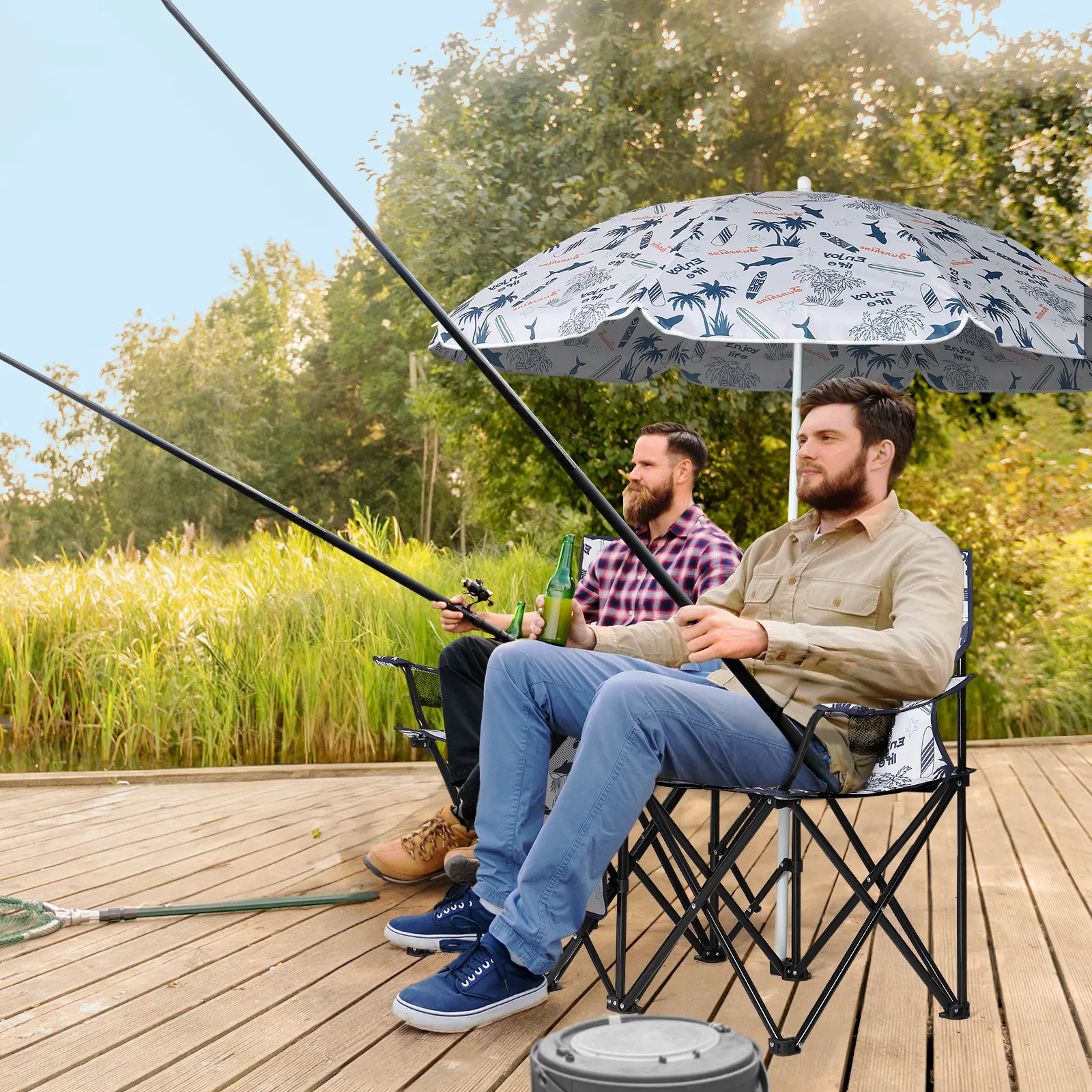 Portable Outdoor 2-Seat Folding Chair with Removable Sun Umbrella Coconut Tree image 9