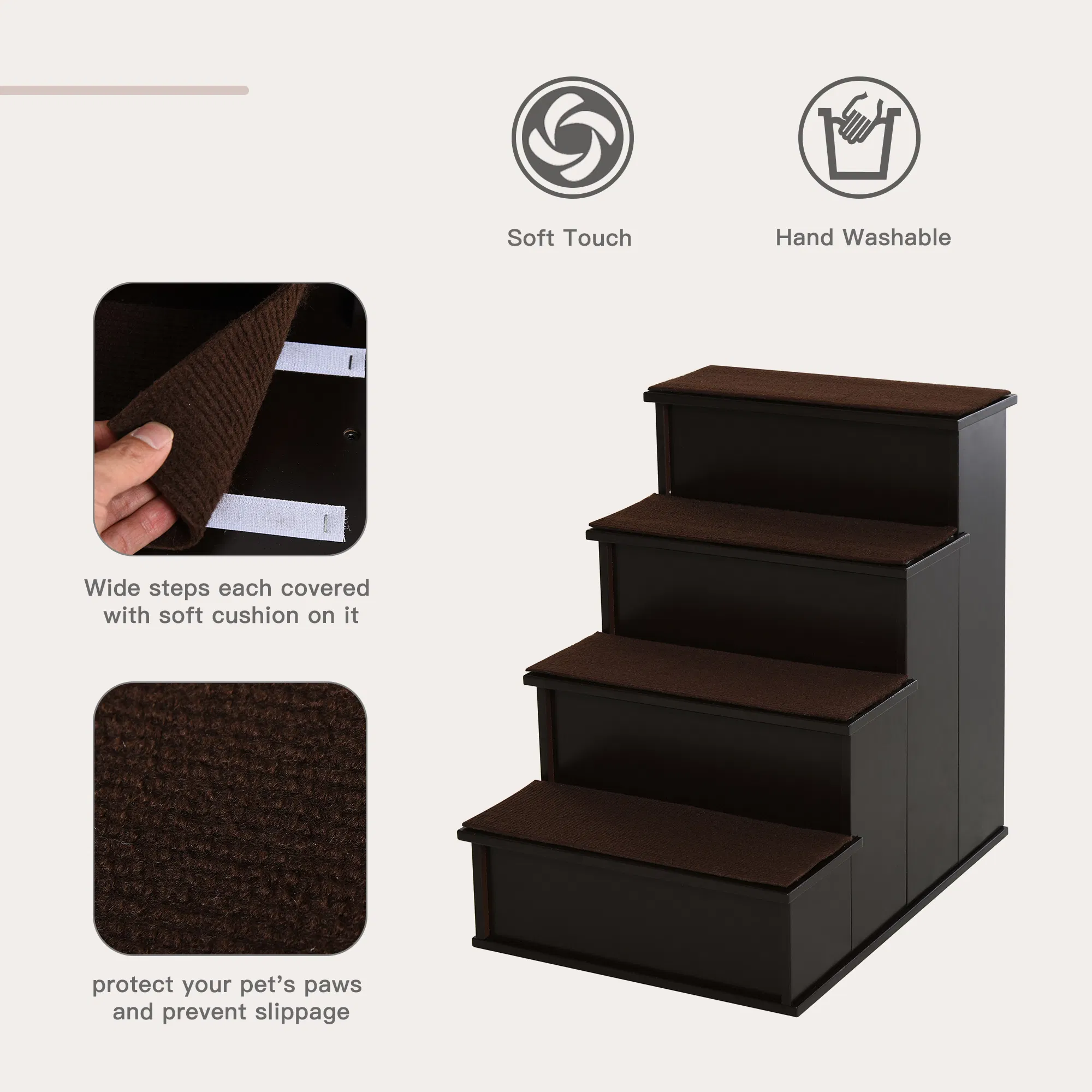 4 Levels Wooden Dog Steps Pet Stairs for High Bed, Cat Ladder for Bed Couch with Non-Slip Carpet, Dark Coffee — image 1