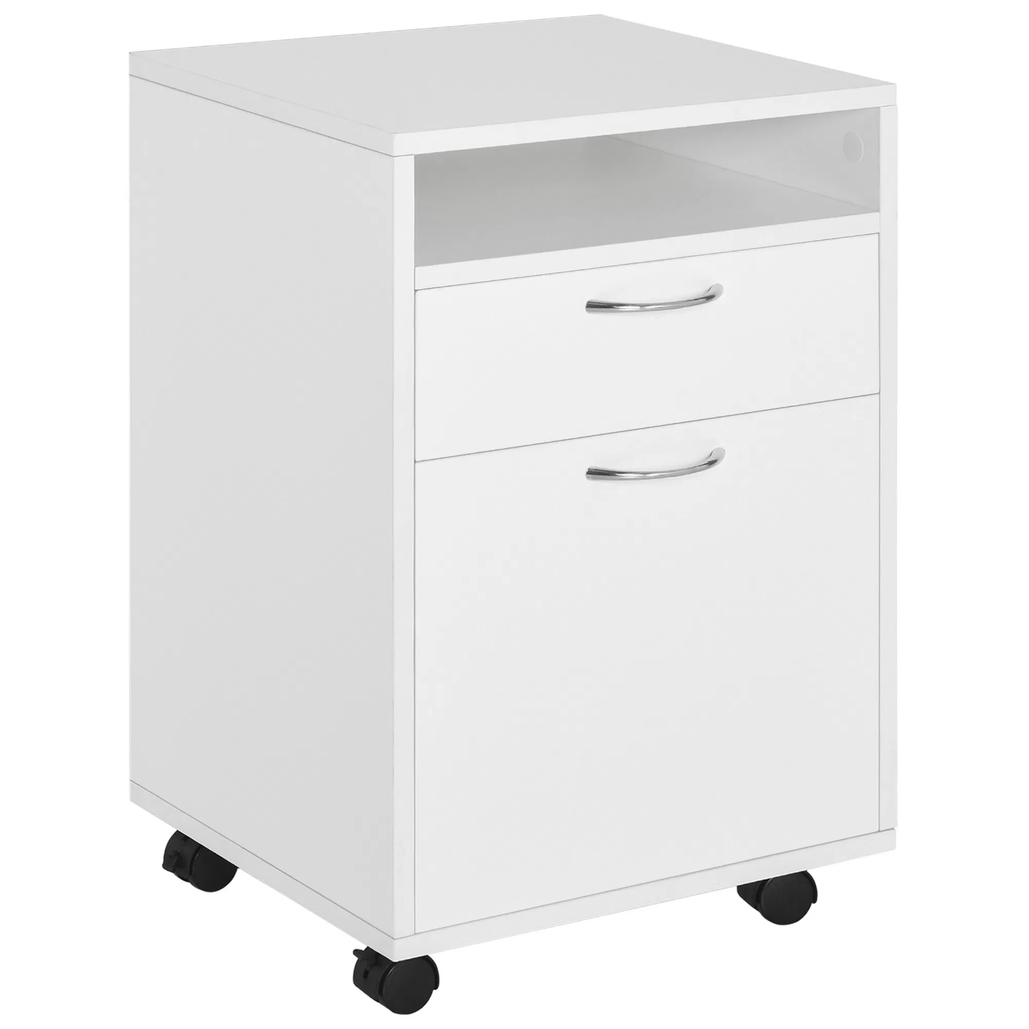 24" Small Filing Cabinet with Open Compartment, Drawer and Wheels, Home Office Storage Cabinet, White