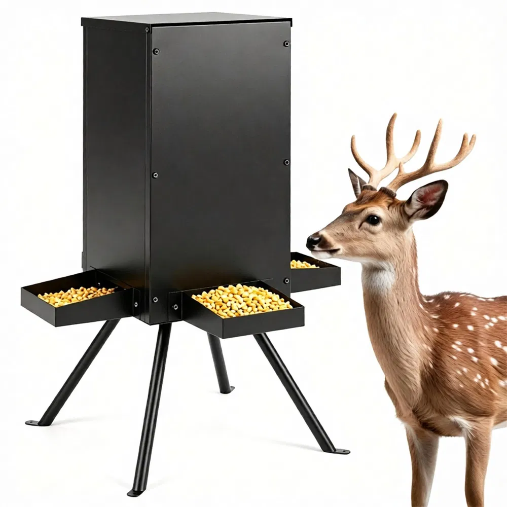 14 Gallon Gravity Deer Feeder 50-90 LBS Capacity Galvanized Coated Steel Wildlife Game Feeder with 4 Feeding Trays Lockable Lid Ground Pegs for Hunting Ranch Backyard Black - Default