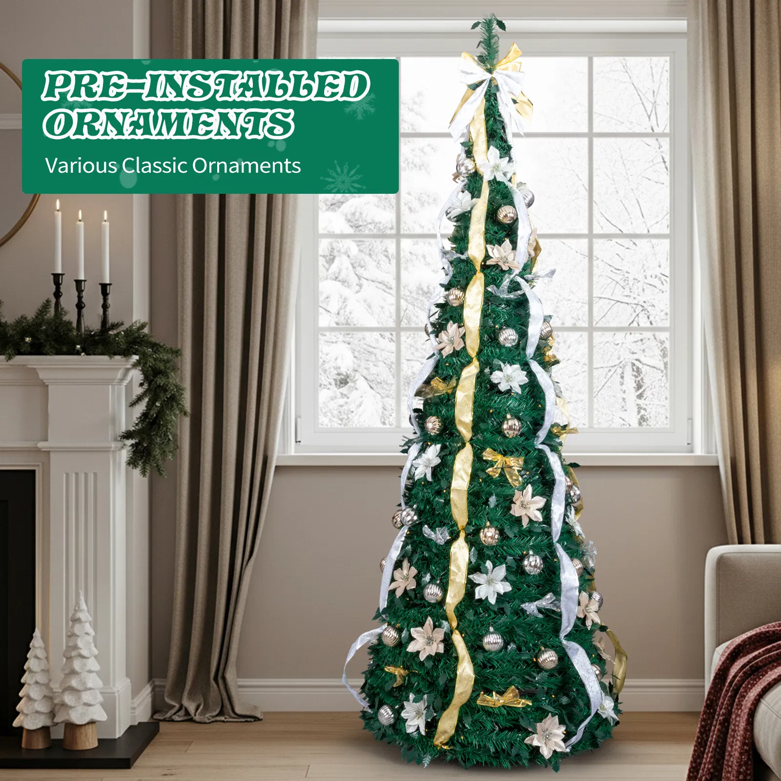 7 FT Fully Decorated Pre-lit Christmas Tree, Pop Up Artificial Xmas Tree with 200 Warm Lights Remote… image 7
