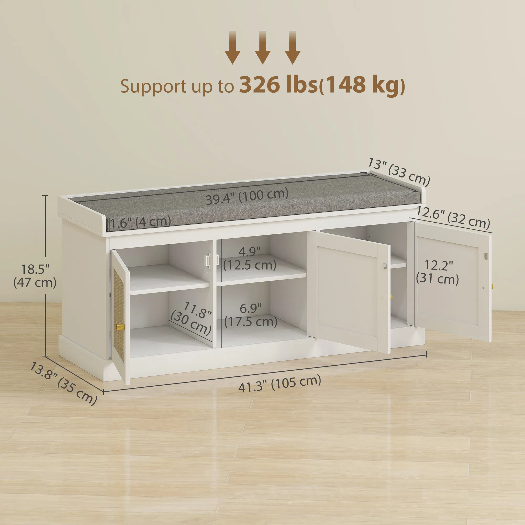 Shoe Storage Bench with Rattan Doors, picture 2 of 5