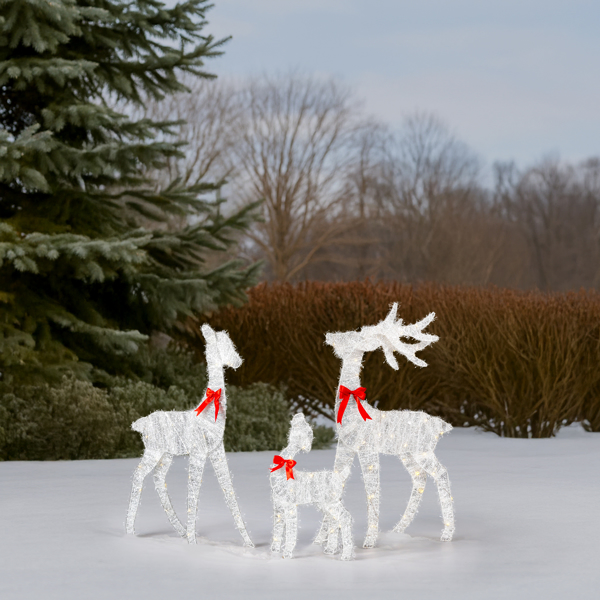 3-Piece Lighted Tinsel Christmas Reindeer Family Set Outdoor Decorations, Weather Proof Deer Family Set of 3 Christmas Ornament Home Decor Pre-lit 110 LED Warm White Lights, 2.4FT, White-27