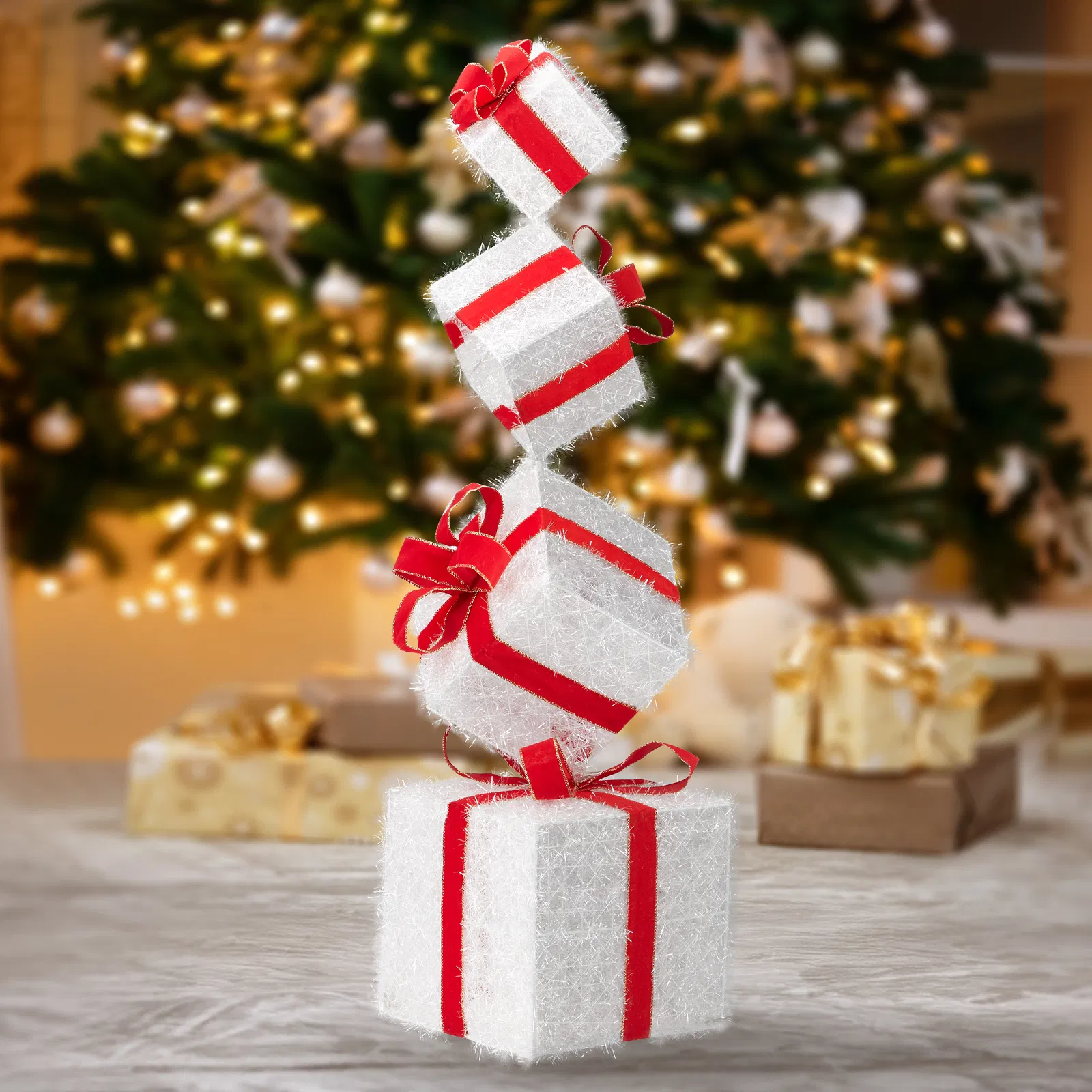 3FT Lighted Gift Box Tower, Pre-lit Stacked Present Boxes Ornament with 80 LED Warm White Lights and…
