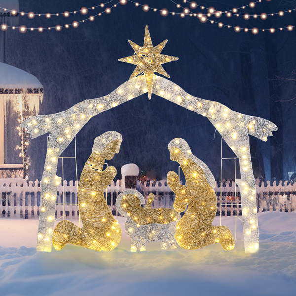 6ft Silver Roof 190LED Lights Nativity Scene Garden Jesus Decoration image 13